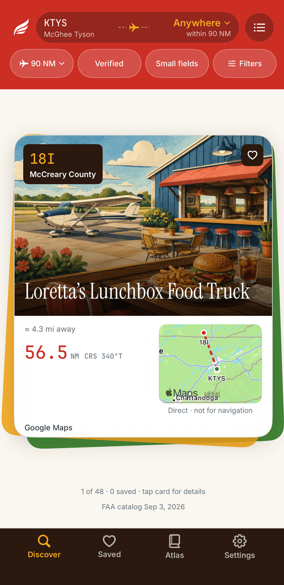 Discover in the $100 Hamburger app: a lunch-stop card near McCreary County with distance and course from the departure airport