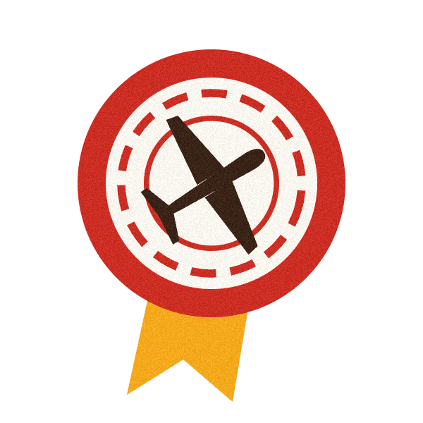 Atlas milestone illustration: an airplane badge with a golden ribbon